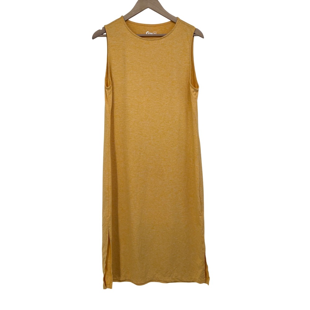 Zyia Active Womens Mustard Yellow Heather Sleeveless Midi Dress Side Slit Medium
